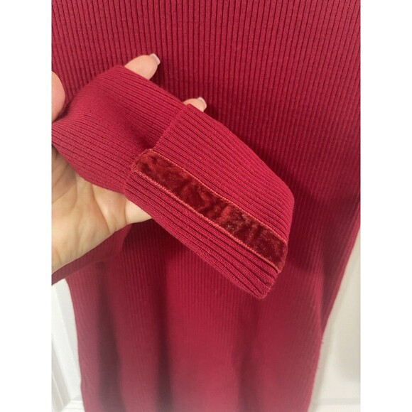 Aqua Merino Wool Turtleneck Ribbed Knit Sweater Red M Velvet trim sleeve cuffed - Picture 3 of 5